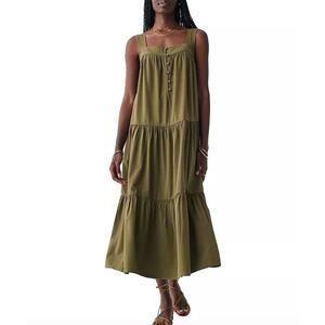 FAHERTY Marina Seersucker Midi Dress Khaki Green XS Tiered Ruffle Summer Organic
